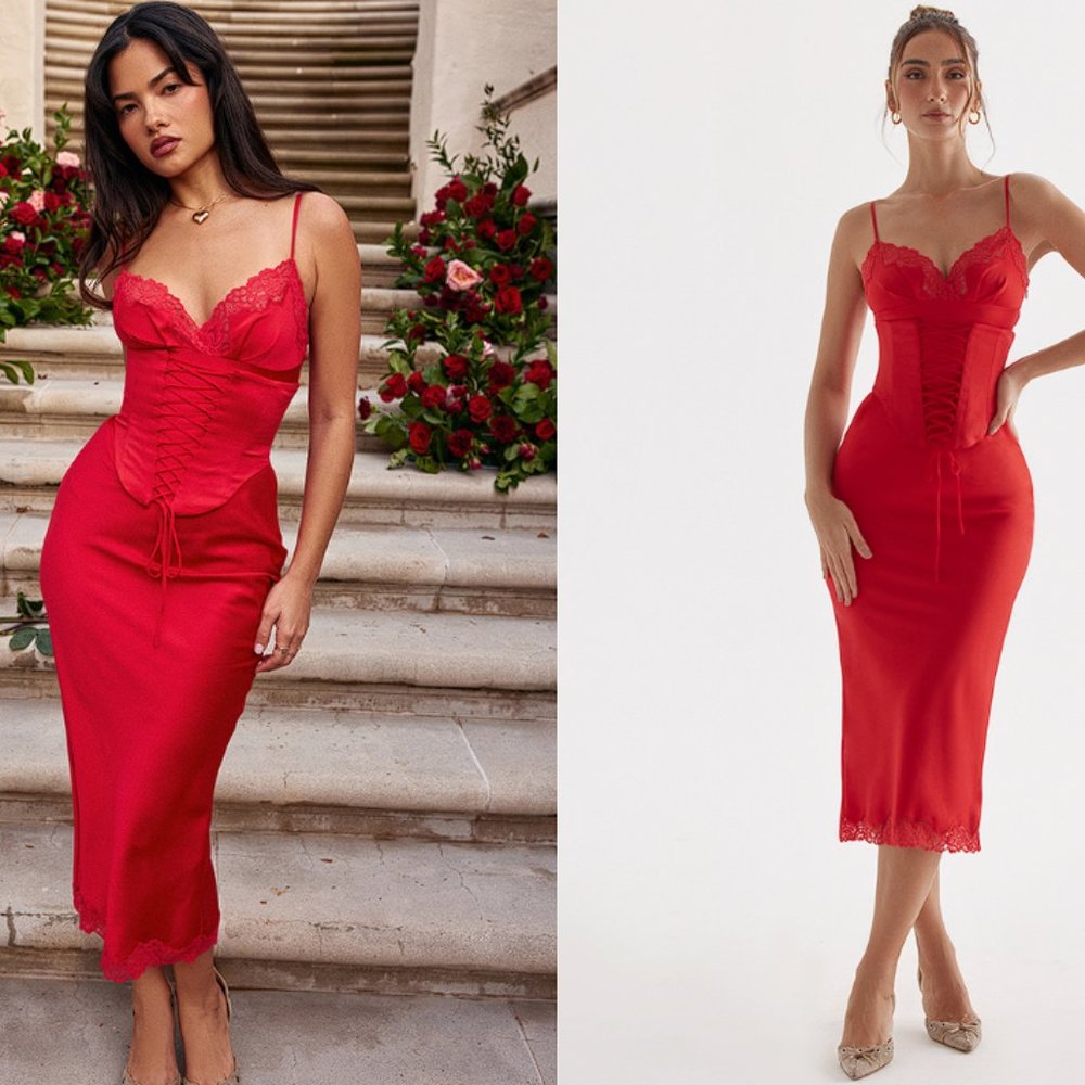HOUSE OF CB 'Salma' Red Rose Satin Slip Dress NWOT